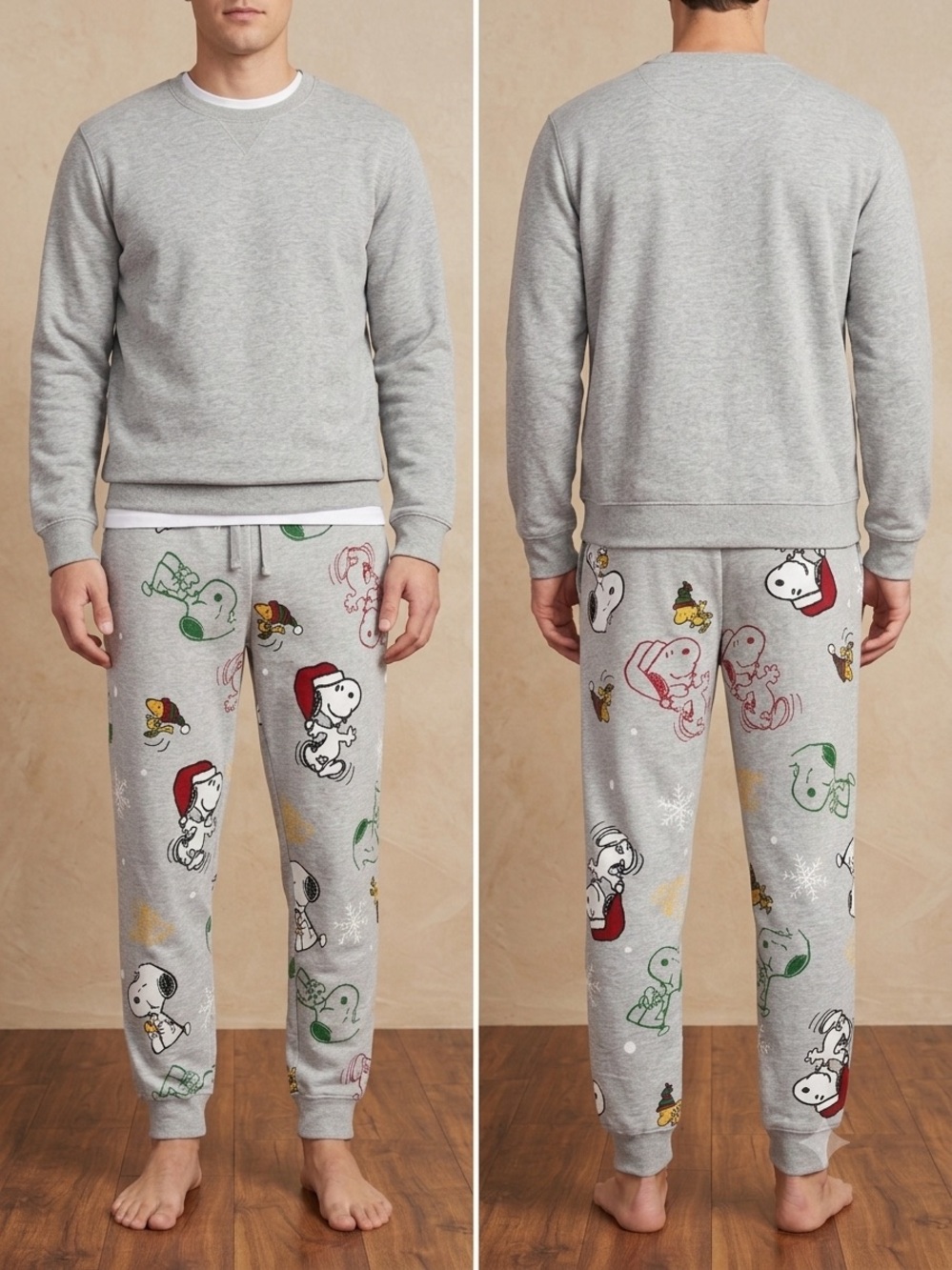 Peanuts Light Gray Snoopy & Woodstock Holiday Joggers